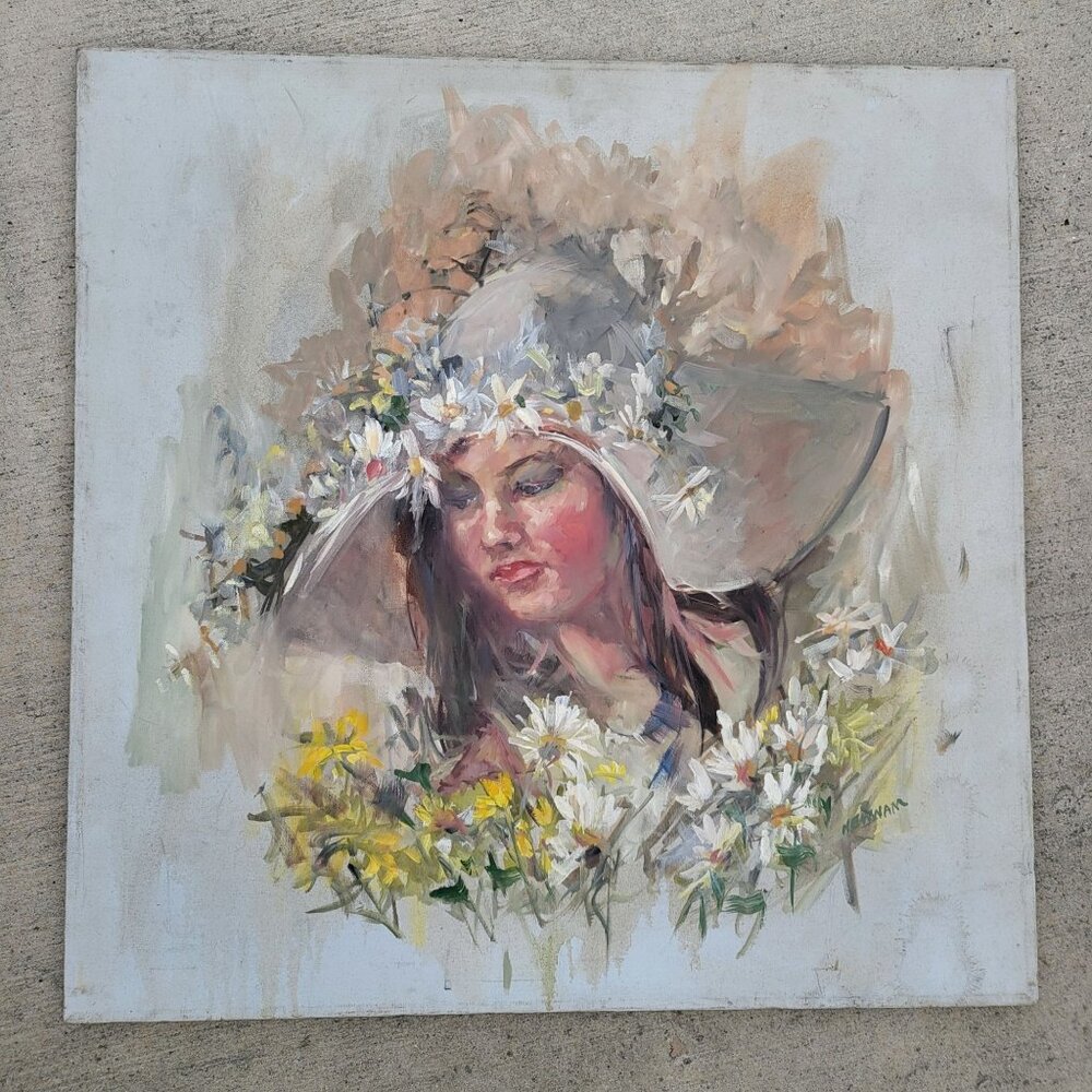 Vintage Newwam Woman Floral Hat Daisies Oil Painting